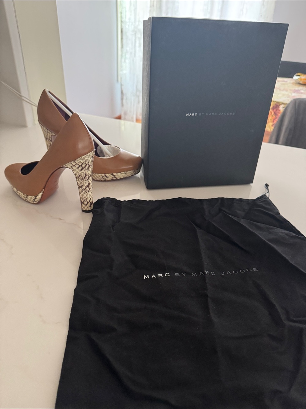 Marc by Marc Jacobs Tan Leather Pumps with Snakeskin-Textured Platform